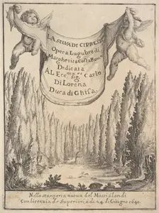 Frontispiece for The Cypress Forest (La selva di cipressi): two putti hold a tapestry in..., 1640. Creator: Stefano della Bella