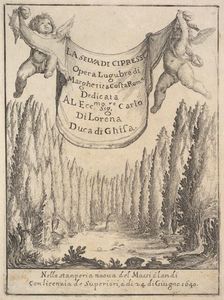 Frontispiece for The Cypress Forest (La selva di cipressi): two putti hold a tapestry in..., 1640. Creator: Stefano della Bella
