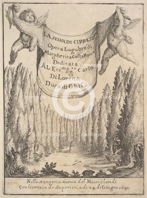 Frontispiece for 'The Cypress Forest' (La selva di cipressi): two putti hold a tapestry in..., 1640. Creator: Stefano della Bella.