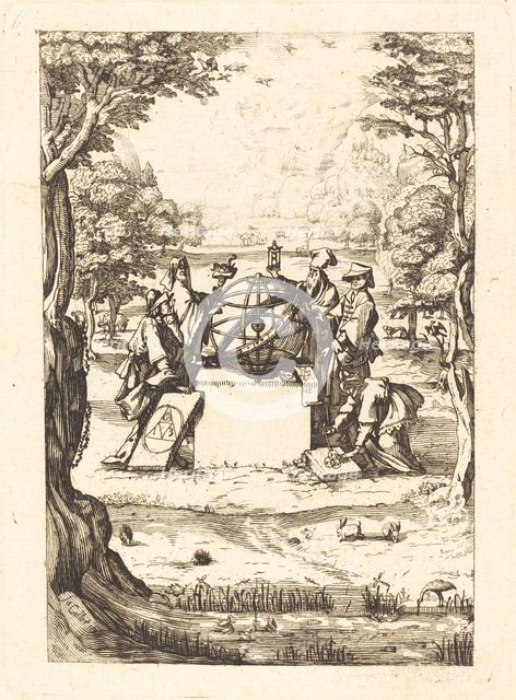 Frontispiece for the Sacred Cosmologia (Title with Astrologers). Creator: Unknown.