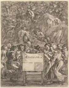 Frontispiece for The Works of Scarron (Œuvres de Scarron); the poet sitting in a chair..., 1649. Creator: Stefano della Bella