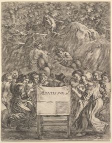 Frontispiece for The Works of Scarron (Œuvres de Scarron); the poet sitting in a chair..., 1649. Creator: Stefano della Bella