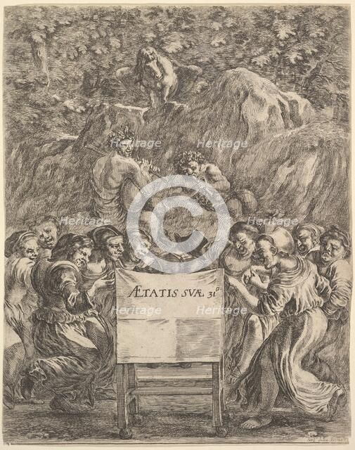 Frontispiece for 'The Works of Scarron' (Œuvres de Scarron); the poet sitting in a chair..., 1649. Creator: Stefano della Bella.
