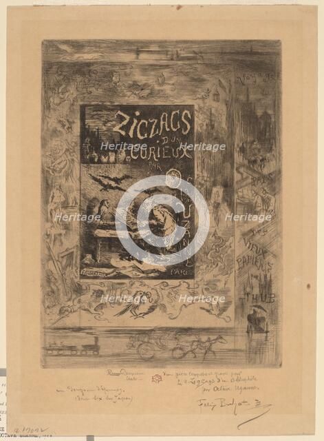Frontispiece for "Zigzags d'un Curieux, d'Octave Uzanne", 1888. Creator: Felix Hilaire Buhot.