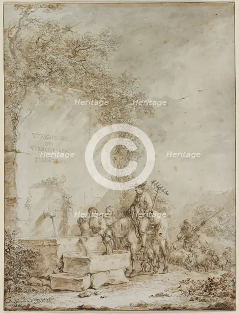 Frontispiece for an Album of Drawings: Peasants at a Fountain, 1784. Creator: Dirk Langendijk (Dutch, 1748-1805).