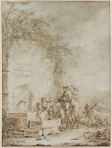 Frontispiece for an Album of Drawings: Peasants at a Fountain (recto)..., 1784. Creator: Dirk Langendijk (Dutch, 1748-1805)