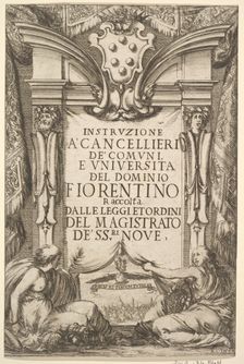 Frontispiece for Instructions for Chancellors (Instruzione a Cancellieri): Medici coat ..., 1635. Creator: Stefano della Bella