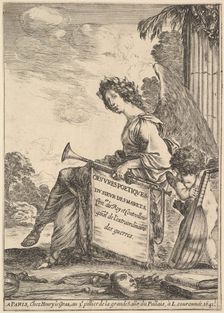 Frontispiece for Poems by Desmarets (Oeuvres poétiques de Desmarets): a winged woman rep..., 1641. Creator: Stefano della Bella