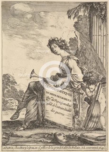Frontispiece for 'Poems by Desmarets' (Oeuvres poétiques de Desmarets): a winged woman rep..., 1641. Creator: Stefano della Bella.