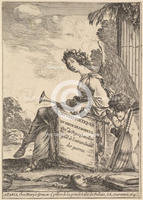 Frontispiece for 'Poems by Desmarets' (Oeuvres poétiques de Desmarets): a winged woman rep..., 1641. Creator: Stefano della Bella.