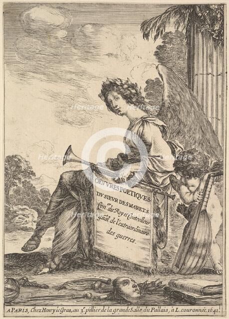 Frontispiece for 'Poems by Desmarets' (Oeuvres poétiques de Desmarets): a winged woman rep..., 1641. Creator: Stefano della Bella.