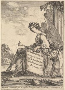 Frontispiece for Poems by Desmarets (Oeuvres poétiques de Desmarets): a winged woman rep..., 1641. Creator: Stefano della Bella