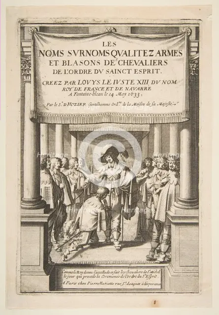 Frontispiece to Pierre d'Hozier's "Les noms surnoms qualitez armes et blasons des chevalie..., 1634. Creator: Abraham Bosse.