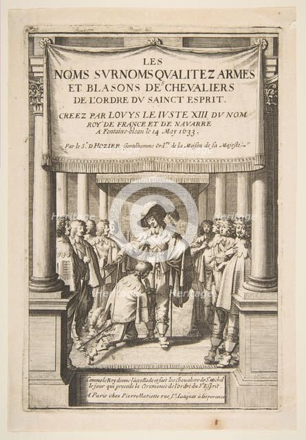 Frontispiece to Pierre d'Hozier's "Les noms surnoms qualitez armes et blasons des chevalie..., 1634. Creator: Abraham Bosse.