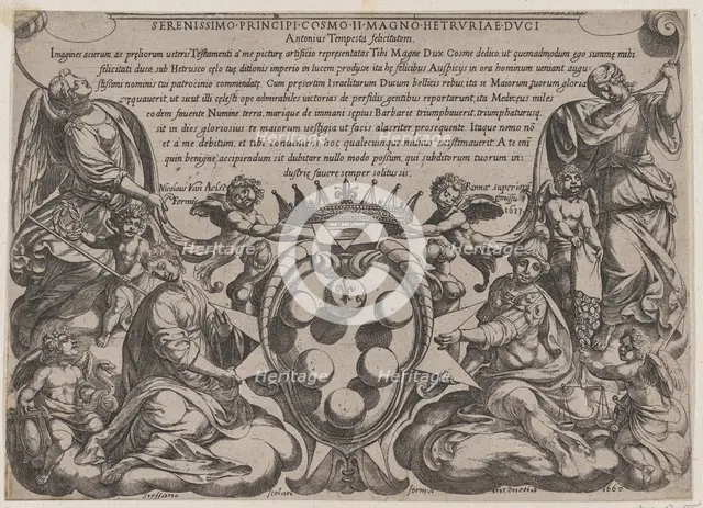 Frontispiece to 'The Battles of the Old Testament' with the arms of the Medici Crowned by ..., 1660. Creator: Antonio Tempesta.