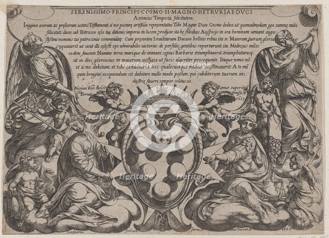 Frontispiece to 'The Battles of the Old Testament' with the arms of the Medici Crowned by ..., 1660. Creator: Antonio Tempesta.
