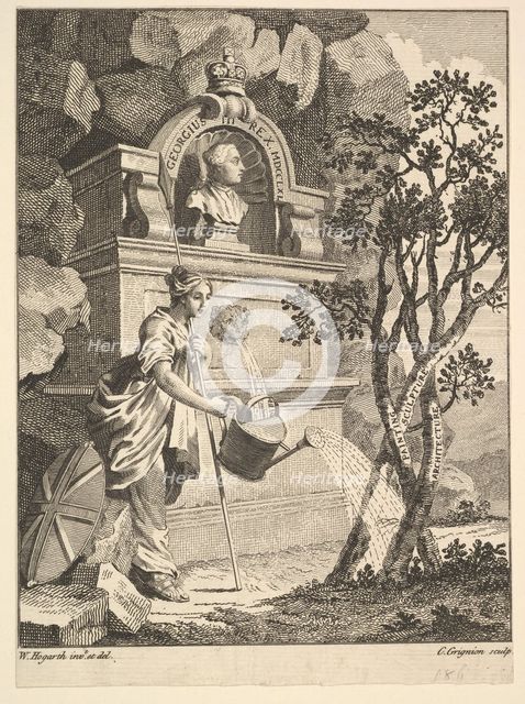 Frontispiece to the Catalogue of Pictures Exhibited in Spring Garden, May 7, 1761. Creator: Charles Grignion.