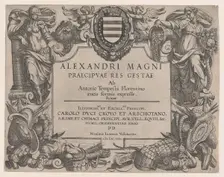 Frontispiece to the life of Alexander the Great, at left is Bellona and at right a female ..., 1608. Creator: Antonio Tempesta