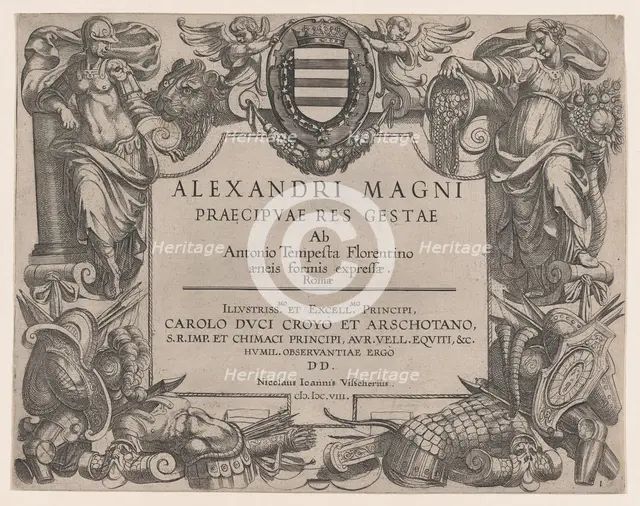 Frontispiece to the life of Alexander the Great, at left is Bellona and at right a female ..., 1608. Creator: Antonio Tempesta.