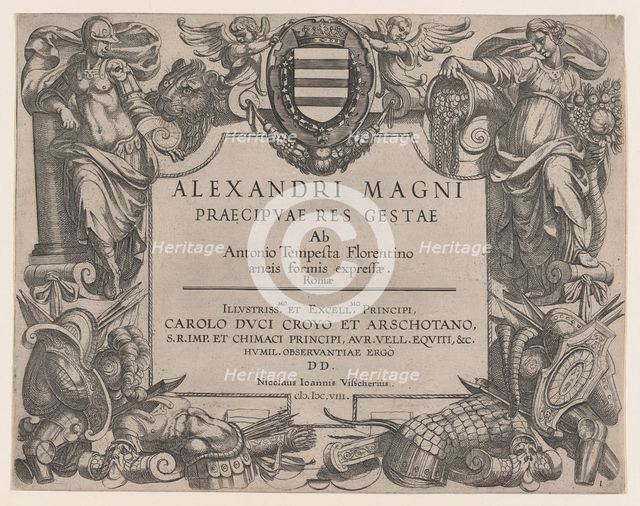Frontispiece to the life of Alexander the Great, at left is Bellona and at right a female ..., 1608. Creator: Antonio Tempesta.