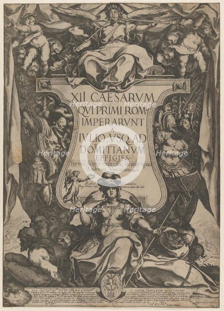 Frontispiece with a trumpeter sounding trumpets seated on top of a cartouche flanked by tr..., 1606. Creator: Raffaello Schiaminossi.