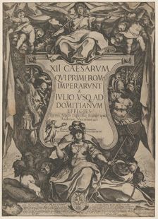 Frontispiece with a trumpeter sounding trumpets seated on top of a cartouche flanked by tr..., 1606. Creator: Raffaello Schiaminossi