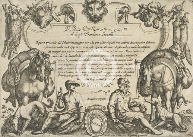 Frontispiece with Hunters, Dogs and Horses, from 'Hunting Scenes VI', 1609. Creator: Antonio Tempesta.