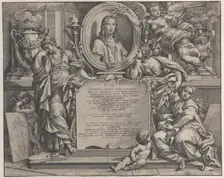 Frontispiece with oval portrait of Raphael, with three allegorical figures of the Arts sup..., 1675. Creator: Carlo Maratti