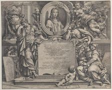 Frontispiece with oval portrait of Raphael, with three allegorical figures of the Arts sup..., 1675. Creator: Carlo Maratti