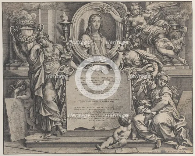 Frontispiece with oval portrait of Raphael, with three allegorical figures of the Arts sup..., 1675. Creator: Carlo Maratti.