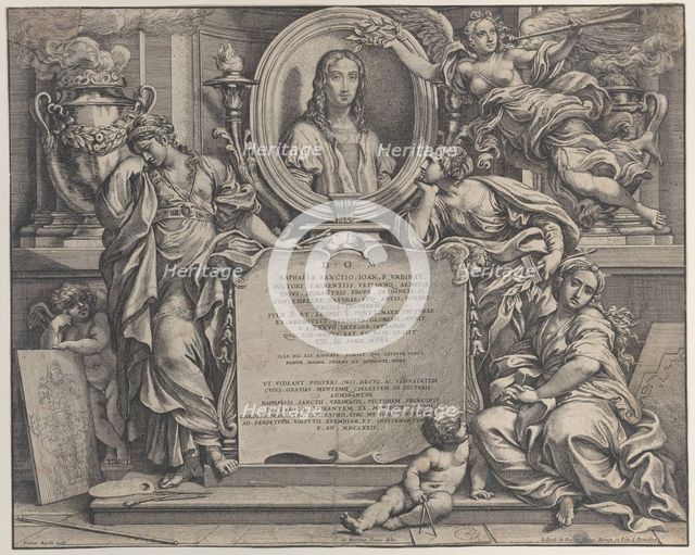 Frontispiece with oval portrait of Raphael, with three allegorical figures of the Arts sup..., 1675. Creator: Carlo Maratti.