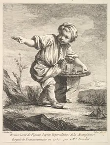 Frontispiece with litte boy holding a basket, from Premier Livre de Figures d'après les po..., 1757. Creator: Pierre Etienne Falconet