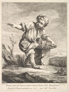 Frontispiece with litte boy holding a basket, from Premier Livre de Figures d'après les po..., 1757. Creator: Pierre Etienne Falconet