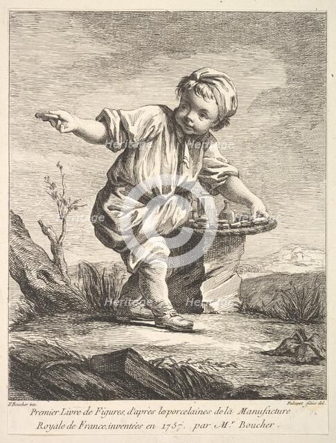 Frontispiece with litte boy holding a basket, from Premier Livre de Figures d'après les po..., 1757. Creator: Pierre Etienne Falconet.