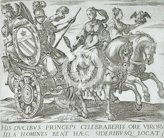 Frontispiece with Minerva in a Chariot Driven by Prudence and Charity (Horses of Different...), 1590 Creator: Antonio Tempesta.
