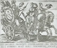 Frontispiece with Minerva in a Chariot Driven by Prudence and Charity (Horses of Different...), 1590 Creator: Antonio Tempesta