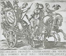 Frontispiece with Minerva in a Chariot Driven by Prudence and Charity (Horses of Different...), 1590 Creator: Antonio Tempesta