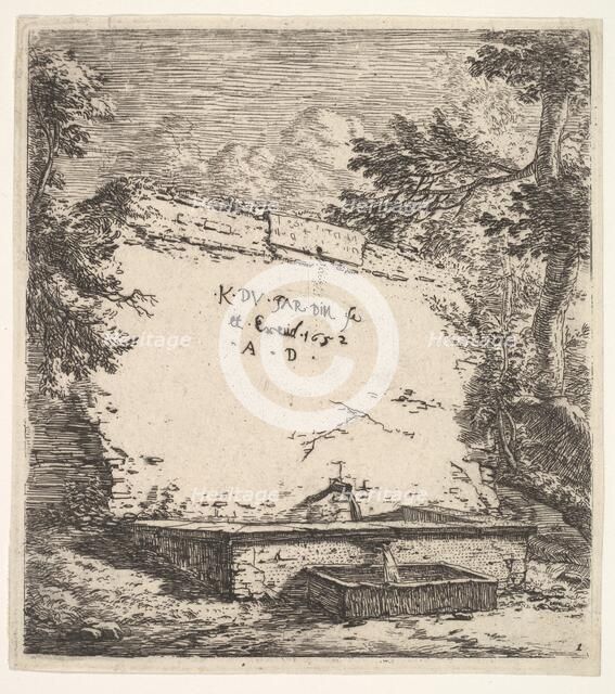 Frontispiece with stepped fountain; a stone wall with water spout pouring water into a rec..., 1652. Creator: Karel Du Jardin.