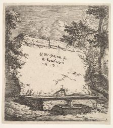 Frontispiece with stepped fountain; a stone wall with water spout pouring water into a rec..., 1652. Creator: Karel Du Jardin