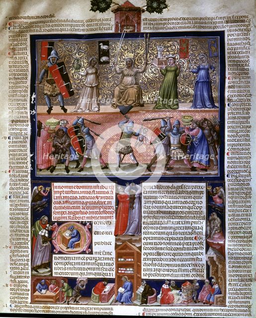 Frontispiece with representation of different scenes, Miniature in the 'Codex Justinian Instituti…