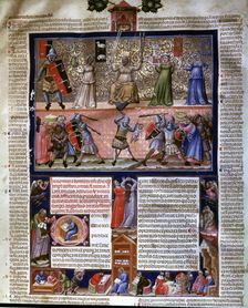 Frontispiece with representation of different scenes, Miniature in the Codex Justinian Instituti…