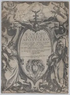 Frontispiece with two figures holding scrolls and cherubs flanking the cartouche at cen..., 1606-07. Creator: Raffaello Schiaminossi