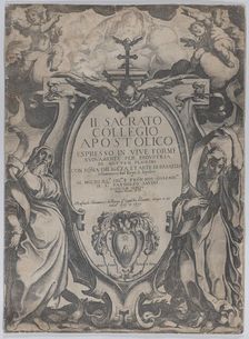 Frontispiece with two figures holding scrolls and cherubs flanking the cartouche at cen..., 1606-07. Creator: Raffaello Schiaminossi