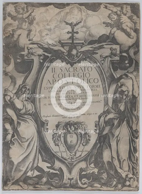 Frontispiece with two figures holding scrolls and cherubs flanking the cartouche at cen..., 1606-07. Creator: Raffaello Schiaminossi.