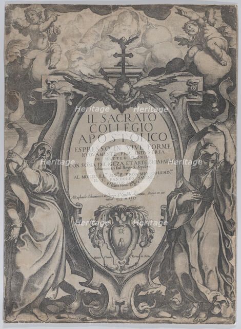 Frontispiece with two figures holding scrolls and cherubs flanking the cartouche at cen..., 1606-07. Creator: Raffaello Schiaminossi.