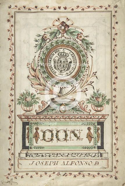 Frontispiece with Vegetal Medallion and Latin Dedication surrounding a Coat of..., 18th century. Creator: Anon.