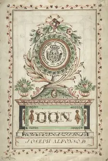 Frontispiece with Vegetal Medallion and Latin Dedication surrounding a Coat of..., 18th century. Creator: Anon