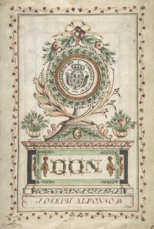 Frontispiece with Vegetal Medallion and Latin Dedication surrounding a Coat of..., 18th century. Creator: Anon