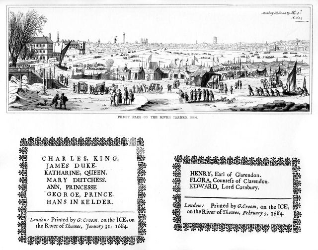 Frost fair on the River Thames, and specimens of printing, February 1684, (1840). Artist: Thomas Wyck
