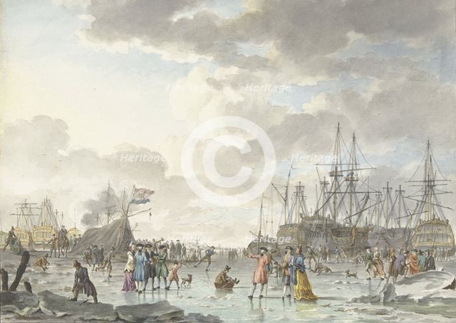 Frost Fair on a Frozen River with Ships, 1773. Creator: Hendrik Kobell.